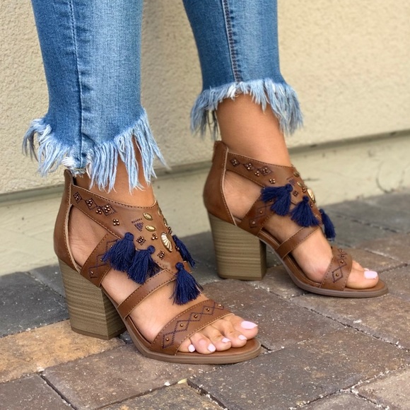 Boho Tassel Detail Embellished Block Heel Sandal - Picture 2 of 8